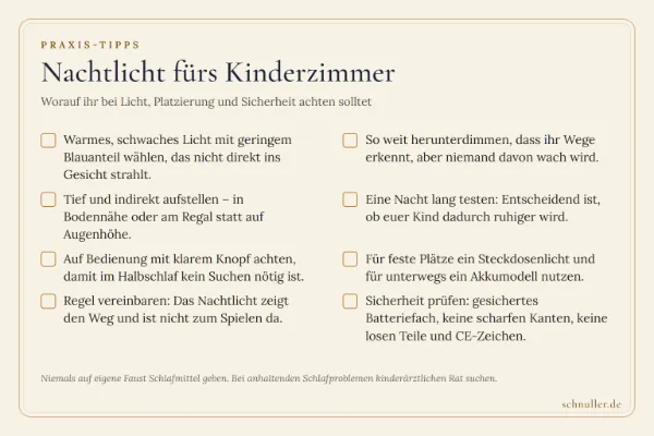 Checkliste für das Kinderzimmer-Nachtlicht mit Tipps zu Helligkeit, indirekter Platzierung, einfacher Bedienung und Sicherheit.