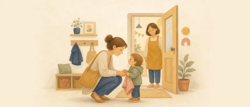 Trennungsangst beim Kind: Illustration einer Mutter, die sich an der Kita-Tür liebevoll von ihrem Kind verabschiedet