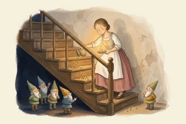 Die Frau des Schneiders streut Erbsen auf die Treppe, als die Heinzelmännchen kommen – Illustration zur Sage