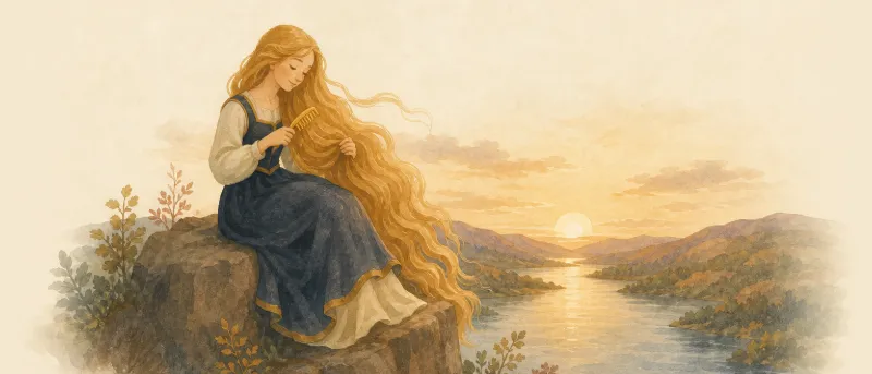 Die Loreley als junge Frau mit goldenem Haar sitzt abends auf dem hohen Felsen über dem Rhein und kämmt sich
