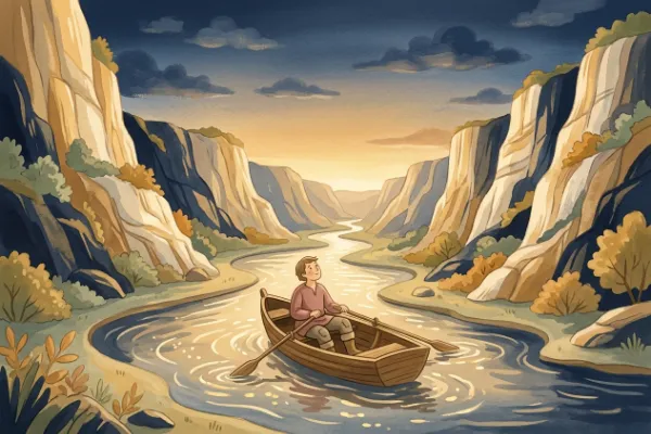 Kleines Ruderboot mit einem Schiffer auf dem Rhein vor dem Felsen der Loreley im Abendlicht