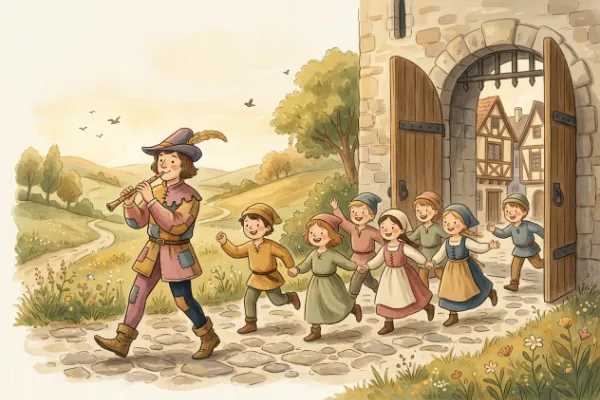 Kinder ziehen hinter dem pfeifenden Rattenfänger zum Stadttor hinaus – Illustration zur Sage von Hameln