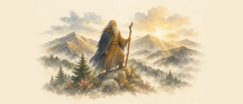 Rübezahl als bärtiger Berggeist mit langem Stab auf einem Felsvorsprung im Riesengebirge, Nebel in den Tälern – Titelbild zur Rübezahl-Sage.