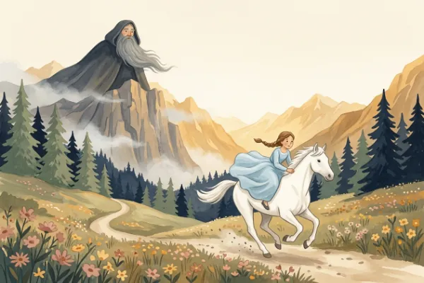 Prinzessin Emma reitet auf einem verzauberten Rübenpferd aus dem Gebirge, im Hintergrund der Berggeist Rübezahl auf einem Felsen.