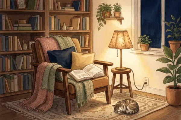 Kuschelige Leseecke mit Decke, Leselampe und offenem Buch – Sagen am Abend vorlesen