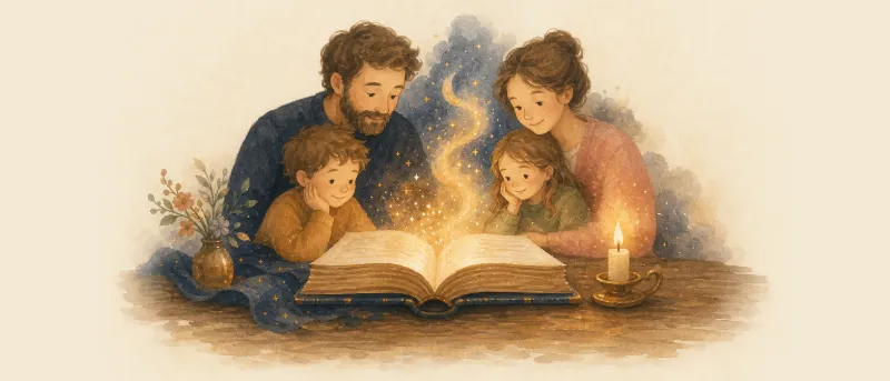 Aufgeschlagenes altes Geschichtenbuch im Kerzenlicht – Sagen für Kinder zum Vorlesen und Anhören