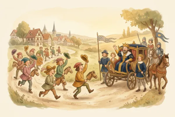 Illustration: Die Schildbürger empfangen den Kaiser von Utopien auf Steckenpferden