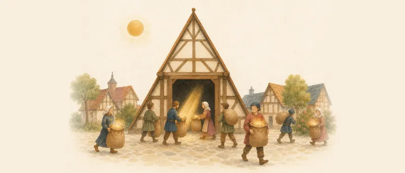 Illustration: Schildbürger tragen das Sonnenlicht in Säcken in ihr dreieckiges Rathaus ohne Fenster