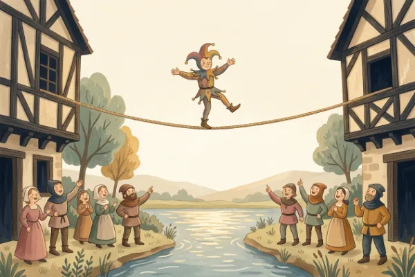 Till Eulenspiegel balanciert beim Seiltanz über der Saale – Illustration zur Sage für Kinder