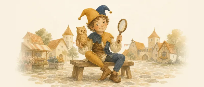 Till Eulenspiegel mit Narrenkappe als Titelbild der kindgerechten Sage zum Vorlesen und Anhören
