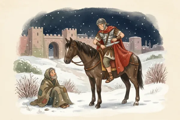 Illustration der Mantelteilung: römischer Reiter teilt seinen roten Mantel mit einem frierenden Bettler