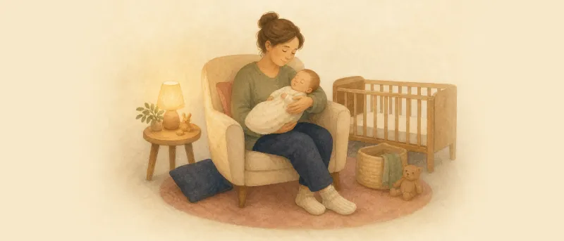 Elternteil wiegt ein Baby abends im abgedunkelten Kinderzimmer sanft in den Schlaf – 4-Monats-Schlafregression