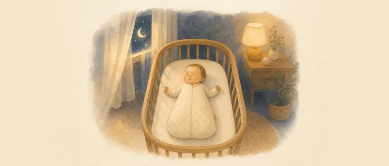 Illustration: Ab wann schlafen Babys durch? Ruhig schlafendes Baby im Beistellbett in einem abgedunkelten Schlafzimmer