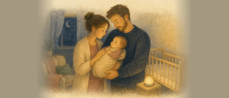 Baby schläft nicht: Eltern wiegen ihr Baby abends im abgedunkelten Schlafzimmer