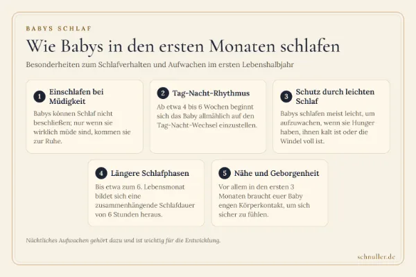 Infografik mit fünf Kacheln zur Schlafentwicklung und den Besonderheiten des Babyschlafs in den ersten Lebensmonaten.