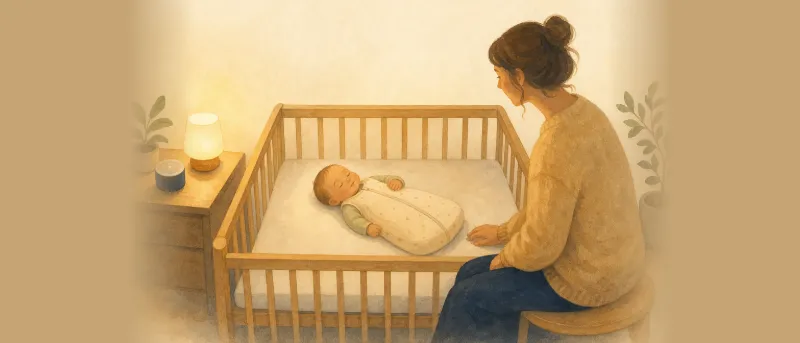 Einschlafhilfe Baby – müdes Baby im Schlafsack döst bei gedämpftem Licht in seinem Bettchen