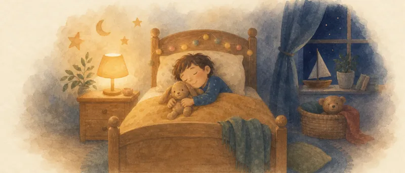 Kind liegt ruhig im abgedunkelten Kinderzimmer, daneben ein Kuscheltier – Einschlafhilfe für Kinder als Abendritual