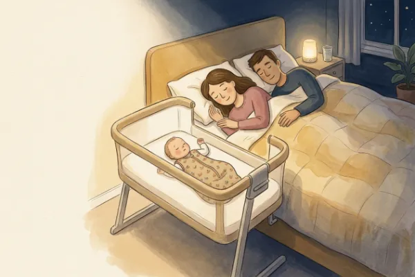 Sichere Schlafumgebung mit Beistellbett neben dem Elternbett, ohne Kissen und Nestchen