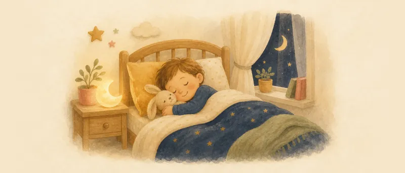 Kind liegt abends mit Kuscheltier im abgedunkelten Kinderzimmer – Schlafenszeit für Kinder ruhig begleiten