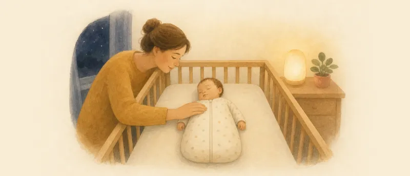 Elternhand liegt ruhig auf dem Bauch eines schlafenden Babys im abgedunkelten Kinderzimmer – Titelbild zur Schlafregression bei Babys
