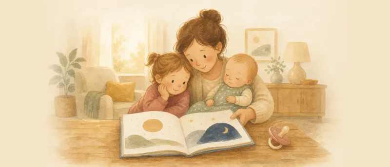 Mutter liest zwei Kindern ein Buch zum Schnuller-Abgewöhnen vor, daneben ein Schnuller – Titelbild für Eltern