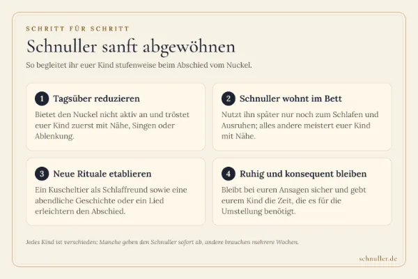 Infografik in vier Kacheln zum Schnuller-Abschied: tagsüber reduzieren, Schnuller wohnt im Bett, neue Abendrituale und konsequent bleiben.