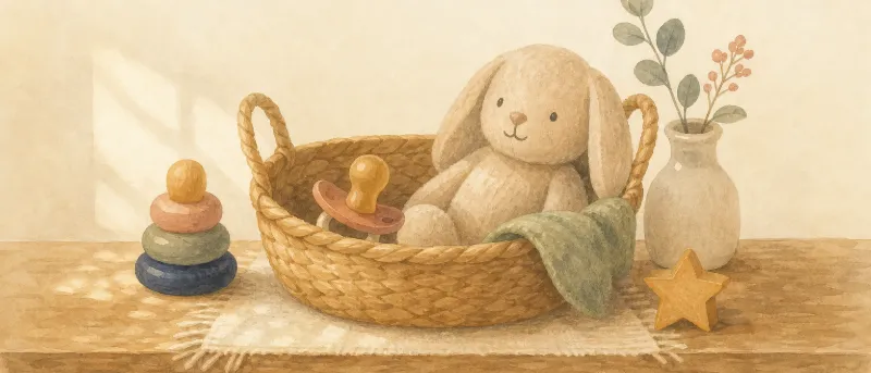 Titelbild: Ein Körbchen mit Schnuller und Kuscheltier auf einem Holztisch – Ratgeber Schnuller abgewöhnen mit 2 Jahren