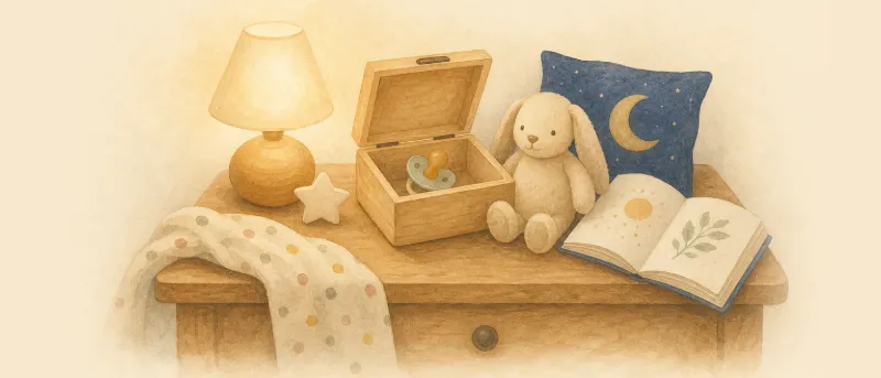 Schnuller abgewöhnen mit 3 Jahren: Schnullerbox mit Kuscheltier und Bilderbuch auf dem Nachttisch im Kinderzimmer