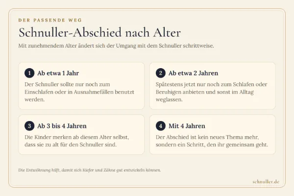 Infografik zum Schnuller-Abschied von 1 bis 4 Jahren mit den passenden Schritten für jede Altersstufe.