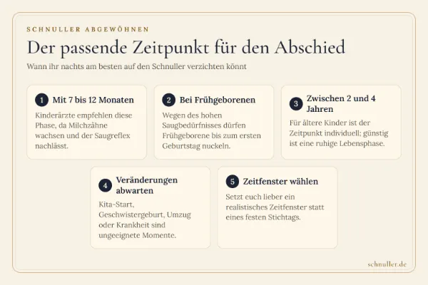 Infografik mit Zeitpunkten und Empfehlungen, wann Kindern der Schnuller nachts abgewöhnt werden kann.