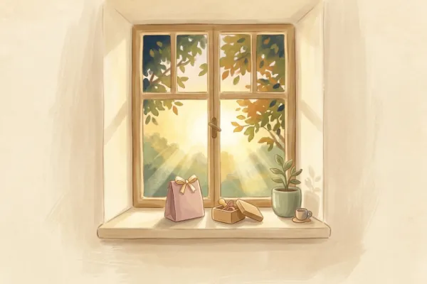 Kleine Geschenktüte neben einer Schnullerbox auf dem Fensterbrett am Morgen – Ritual zum Schnuller abgewöhnen