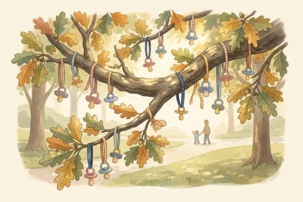 Ast mit aufgehängten bunten Schnullern im Park als Symbol für den Schnullerbaum beim Schnuller abgewöhnen