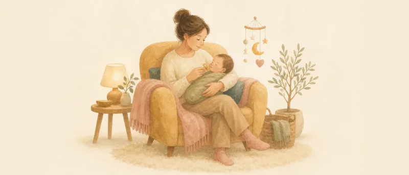 Mutter hält ihr Baby im Arm und bietet ihm ruhig einen Schnuller an – Titelbild zum Ratgeber Schnuller angewöhnen