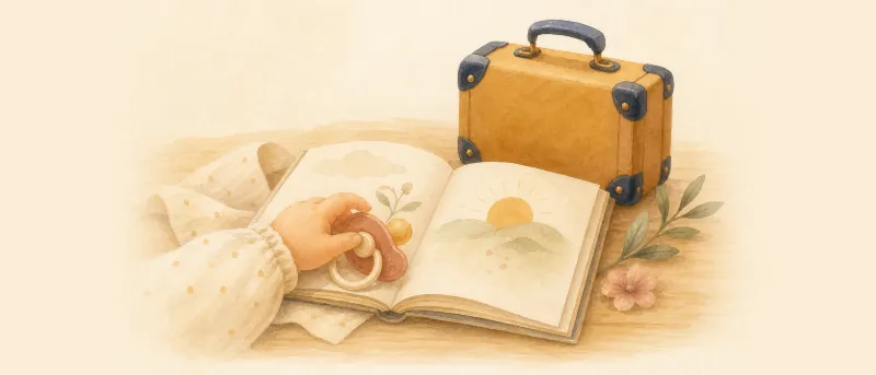 Babyhändchen hält einen Schnuller auf einem Bilderbuch neben einem Mini-Reisekoffer – Schnuller auf Englisch.