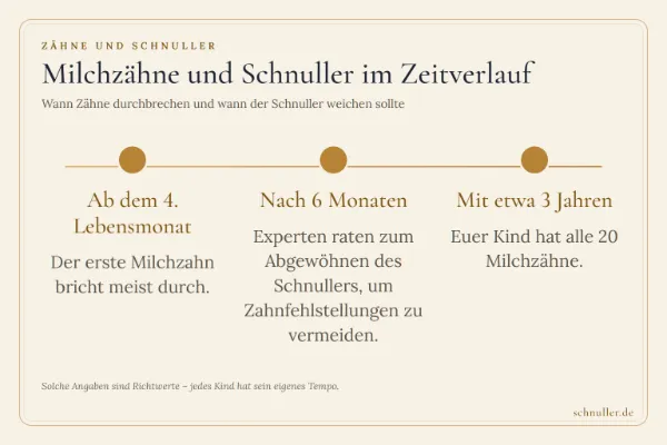 Zeitstrahl von ab 4 Monaten bis etwa 3 Jahren mit Meilensteinen zum Durchbruch der Milchzähne und zum Schnuller-Abgewöhnen.