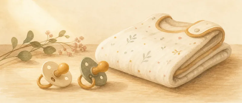 Zwei schlichte Schnuller auf einem hellen Holztisch neben Babyschlafsack – welche Schnuller sind am besten für Babys, Zähne und Kiefer
