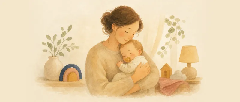 Illustration: entspanntes Baby im Arm nuckelt an einem Schnuller – Titelbild zum Ratgeber Schnuller ja oder nein