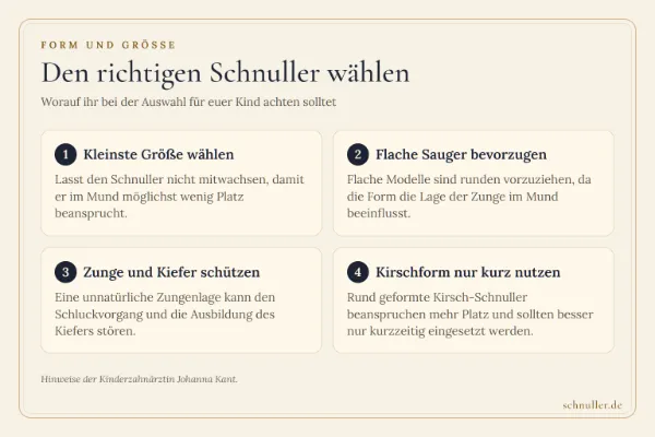 Infografik mit vier Kacheln zu Schnullergröße und -form: kleinste Größe behalten, flache Sauger wählen und Kirschform nur kurz nutzen.