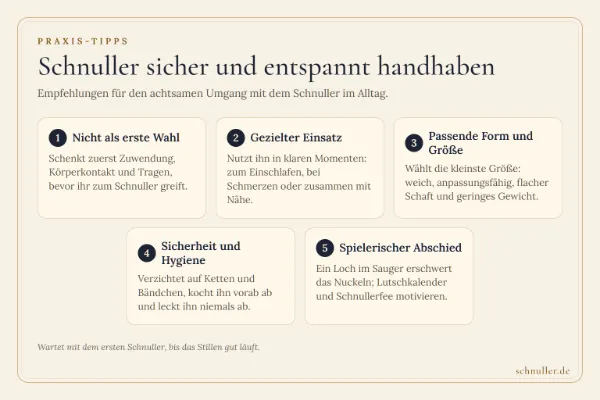Infografik mit fünf Kacheln zu Praxistipps für den sicheren und bewussten Umgang mit dem Schnuller im Familienalltag.