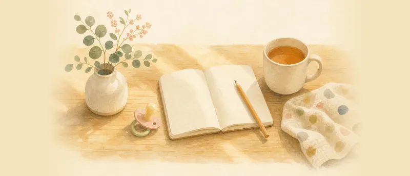 Babyschnuller neben Notizheft, Bleistift und Teetasse auf einem Holztisch: Schnuller im Kreuzworträtsel.