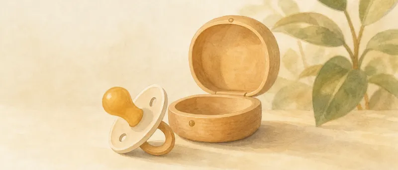 Kautschuk-Schnuller aus Naturkautschuk neben einer Schnullerbox auf einem hellen Holztisch
