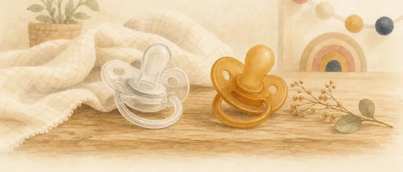MAM Schnuller aus Silikon und Naturlatex auf hellem Holztisch – Ratgeber für Eltern mit Babys