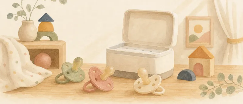 Philips Avent Schnuller in drei Größen auf einem hellen Holztisch, daneben ein Mikrowellen-Sterilisator – Titelbild des Ratgebers