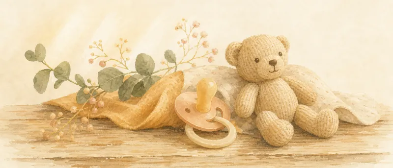 Schnuller mit Namen in Pastellfarben auf einem Holztisch, daneben ein kleines Kuscheltier – Titelbild des Ratgebers für Eltern