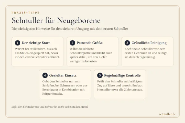 Infografik mit Praxis-Tipps zur Schnullernutzung bei Neugeborenen, von der Größenauswahl über die Hygiene bis zum richtigen Einsatz.