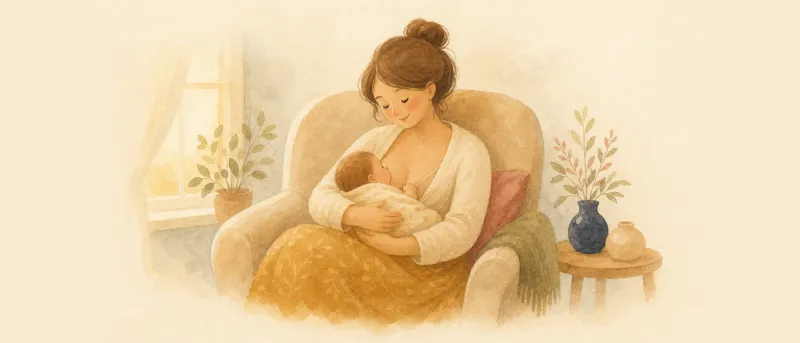 Titelbild: Mutter stillt ihr Baby in ruhiger, zugewandter Stillposition – Ratgeber zum Thema Saugverwirrung