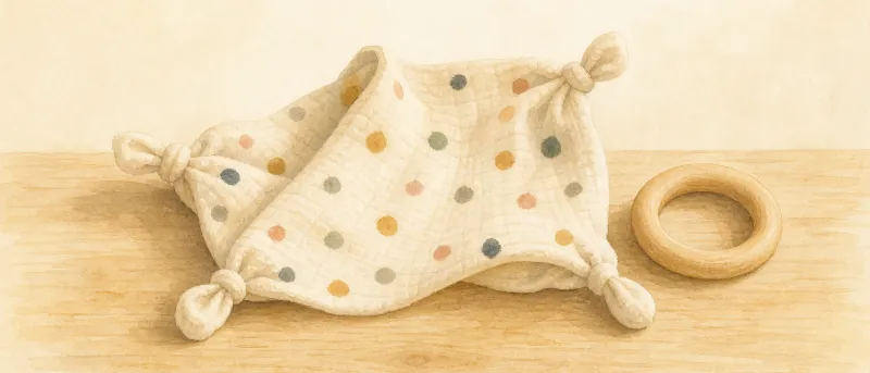 Schnuffeltuch aus weichem Stoff mit Knoten-Ecken auf hellem Holztisch – Titelbild des Ratgebers für Eltern