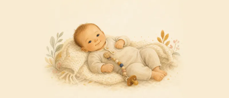 Schnullerkette mit Namen aus Holzperlen, sicher an der Kleidung eines Babys befestigt