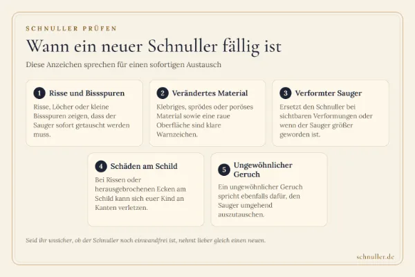 Infografik mit typischen Warnzeichen für einen Schnullertausch wie Rissen, Materialveränderung und Schäden am Schild.
