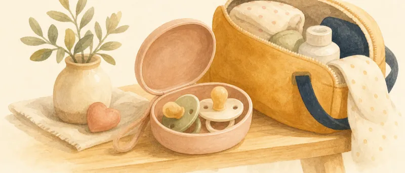 Geöffnete Schnullerbox mit zwei sauberen Schnullern auf einem Holztisch neben einer Wickeltasche zur Aufbewahrung.